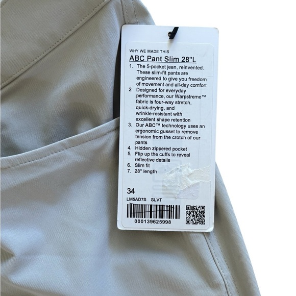 Lululemon Men’s ABC Pant Slim Fit Warpstreme 34X28 Silverstone Four Way Stretch - Picture 3 of 12